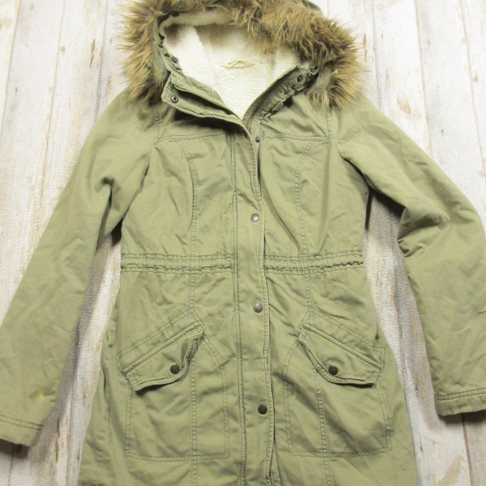 Hollister Coat Parka Medium Green Fur Lined Hooded Full Zip Womens